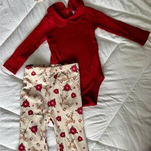 Red Long Sleeve Baby Bodysuit with Floral Deer Pants